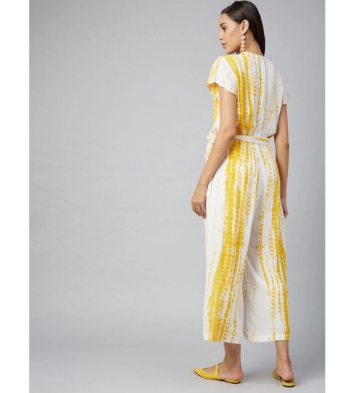 Generic Women's Rayon Striped Short Sleeve Jumpsuit (Yellow - White)