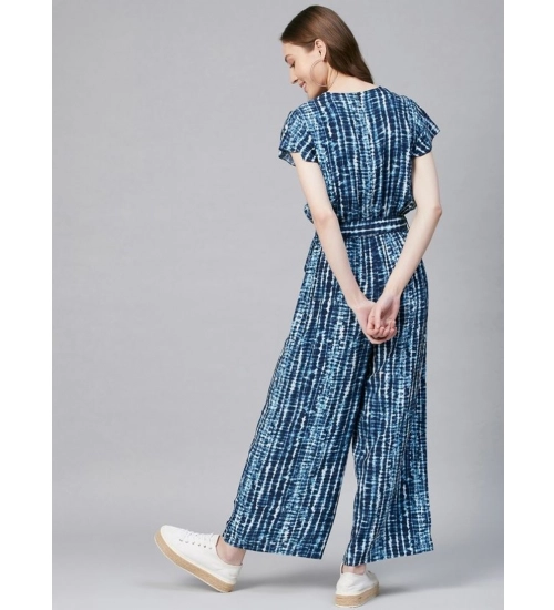 Generic Women's Rayon Tie & Dye Short Sleeve Jumpsuit (Blue)