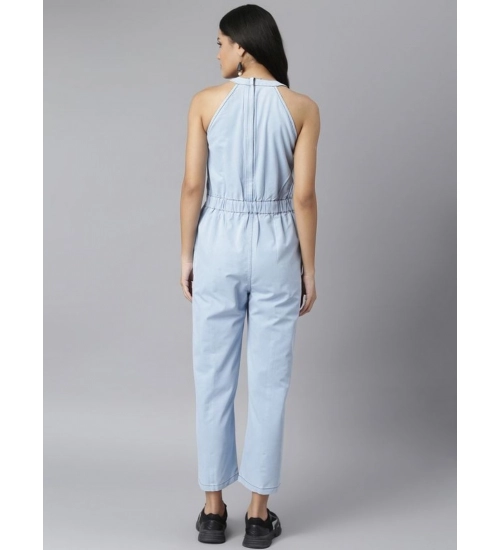 Generic Women's Denim Self Design Sleeveless Jumpsuit (Blue)