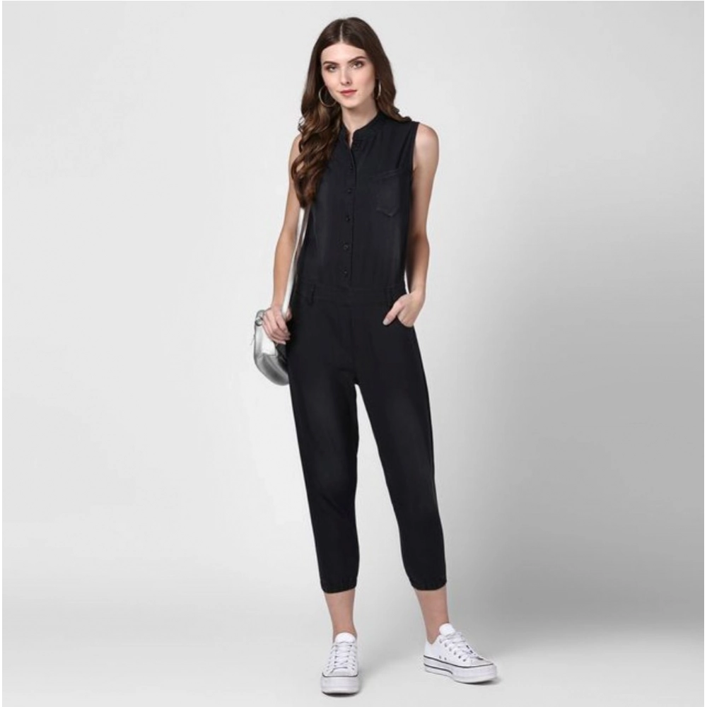 Generic Women's Denim Solid Sleeveless Jumpsuit (Black) Generic Women's Denim Solid Sleeveless Jumpsuit (Black)