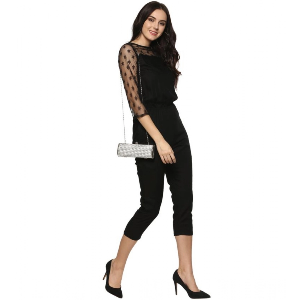 Generic Women's Polyester Self Design 3/4th Sleeve Jumpsuit (Black) Generic Women's Polyester Self Design 3/4th Sleeve Jumpsuit (Black)
