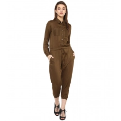 Generic Women's Rayon Solid Long Sleeve Jumpsuit (Olive)
