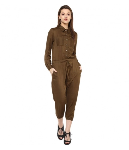 Generic Women's Rayon Solid Long Sleeve Jumpsuit (Olive)