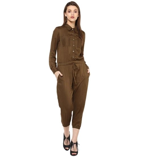 Generic Women's Rayon Solid Long Sleeve Jumpsuit (Olive)