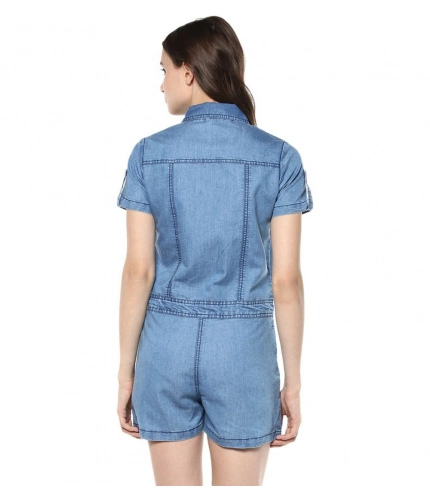 Generic Women's Denim Solid Short Sleeve Jumpsuit (Blue) Generic Women's Denim Solid Short Sleeve Jumpsuit (Blue)