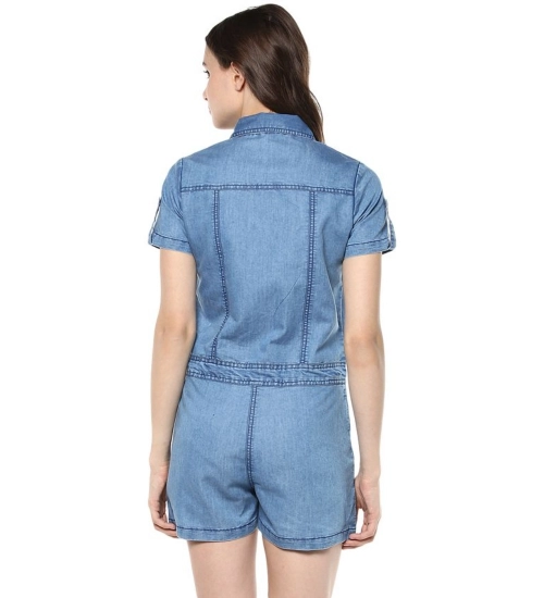 Generic Women's Denim Solid Short Sleeve Jumpsuit (Blue)