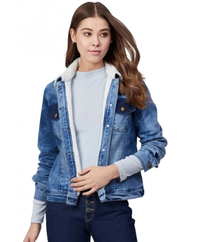 Generic Women's Denim Washed Long Sleeve Jacket (Blue)