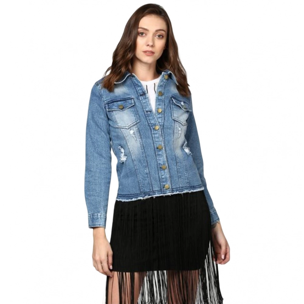 Generic Women's Denim Distressed Long Sleeve Jacket (Blue) Generic Women's Denim Distressed Long Sleeve Jacket (Blue)