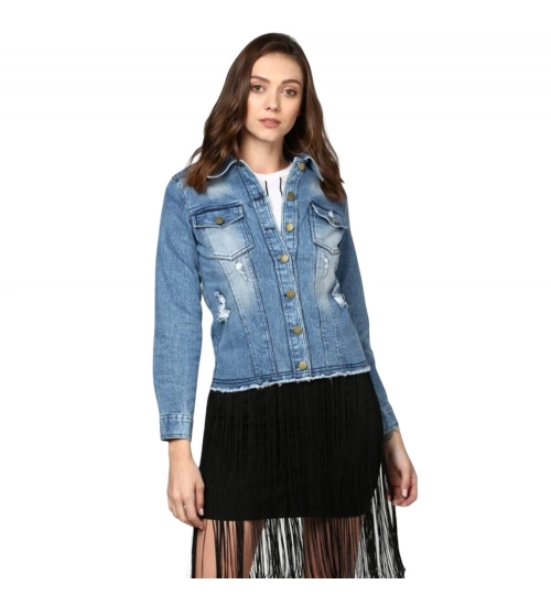 Generic Women's Denim Distressed Long Sleeve Jacket (Blue)