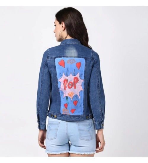 Generic Women's Denim Hand Painted Long Sleeve Jacket (Blue)