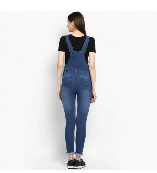 Generic Women's Denim Solid Dungaree Pant (Blue)