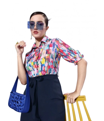 Generic Women's Polyester Printed 3/4th Sleeve Jumpsuit (Multicolor - Navy)