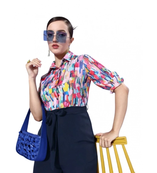 Generic Women's Polyester Printed 3/4th Sleeve Jumpsuit (Multicolor - Navy)