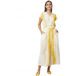 Generic Women's Rayon Striped Short Sleeve Jumpsuit (Yellow - White)
