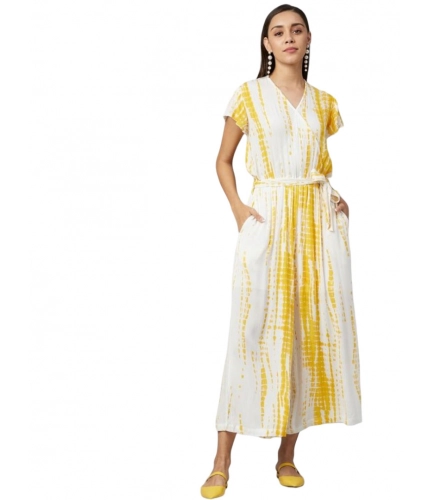 Generic Women's Rayon Striped Short Sleeve Jumpsuit (Yellow - White)