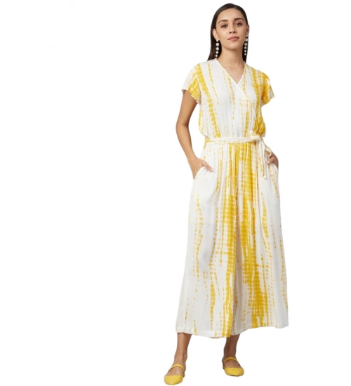 Generic Women's Rayon Striped Short Sleeve Jumpsuit (Yellow - White)