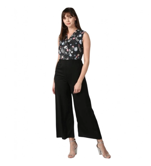 Generic Women's Polyester Embroidered Sleeveless Jumpsuit (Black)