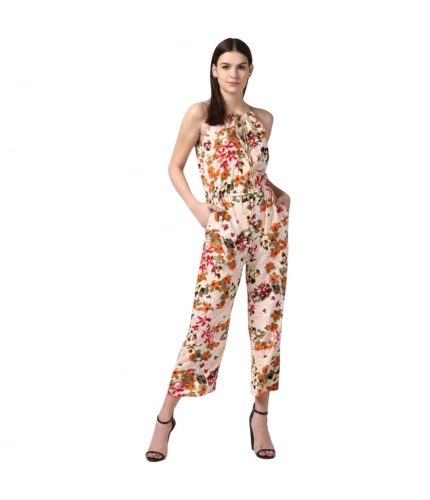 Generic Women's Polyester Floral Halter Jumpsuit (Peach)