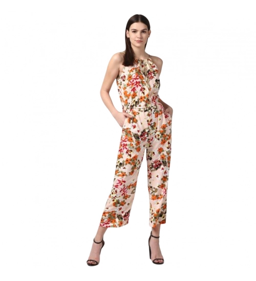 Generic Women's Polyester Floral Halter Jumpsuit (Peach)