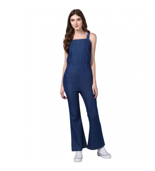 Generic Women's Denim Solid Shoulder Straps Jumpsuit (Blue)