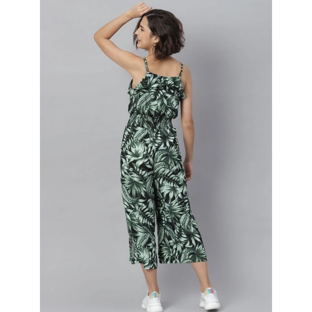 Generic Women's Polyester Printed Shoulder Straps Jumpsuit (Black - Green) Generic Women's Polyester Printed Shoulder Straps Jumpsuit (Black - Green)