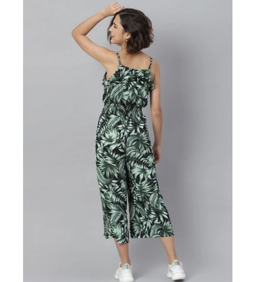 Generic Women's Polyester Printed Shoulder Straps Jumpsuit (Black - Green)