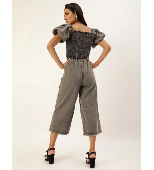 Generic Women's Denim Solid Balloon Sleeve Jumpsuit (Black)