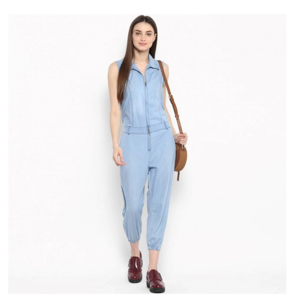 Generic Women's Denim Solid Sleeveless Jumpsuit (Blue) Generic Women's Denim Solid Sleeveless Jumpsuit (Blue)