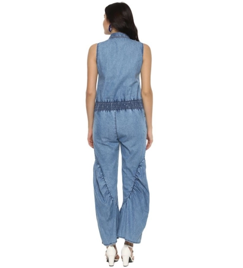 Generic Women's Denim Solid Sleeveless Jumpsuit (Blue)