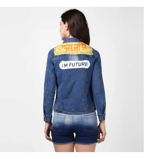 Generic Women's Denim Hand Painted Long Sleeve Jacket (Blue)