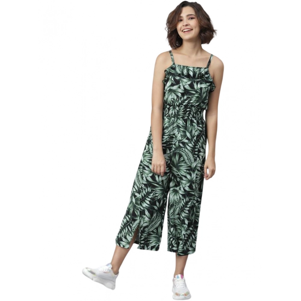Generic Women's Polyester Printed Shoulder Straps Jumpsuit (Black - Green) Generic Women's Polyester Printed Shoulder Straps Jumpsuit (Black - Green)
