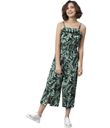 Generic Women's Polyester Printed Shoulder Straps Jumpsuit (Black - Green)