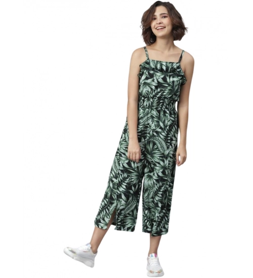 Generic Women's Polyester Printed Shoulder Straps Jumpsuit (Black - Green)
