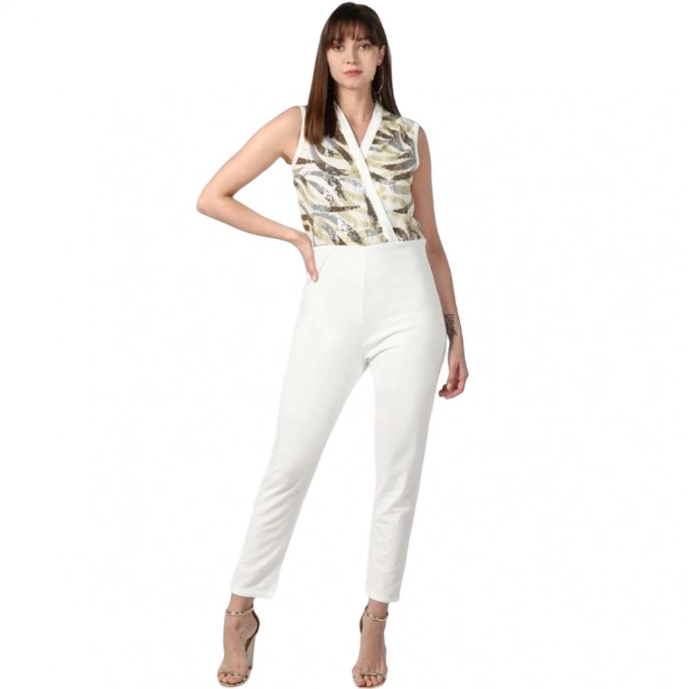 Generic Women's Polyester Embellished Sleeveless Jumpsuit (White) Generic Women's Polyester Embellished Sleeveless Jumpsuit (White)