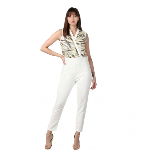 Generic Women's Polyester Embellished Sleeveless Jumpsuit (White)