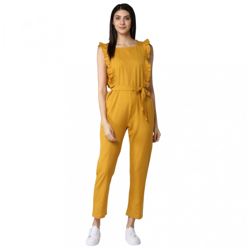 Generic Women's Cotton Linen Solid Sleeveless Jumpsuit (Yellow) Generic Women's Cotton Linen Solid Sleeveless Jumpsuit (Yellow)
