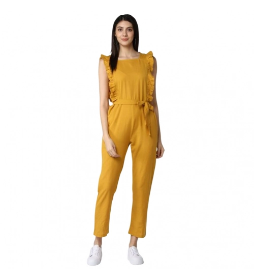 Generic Women's Cotton Linen Solid Sleeveless Jumpsuit (Yellow)