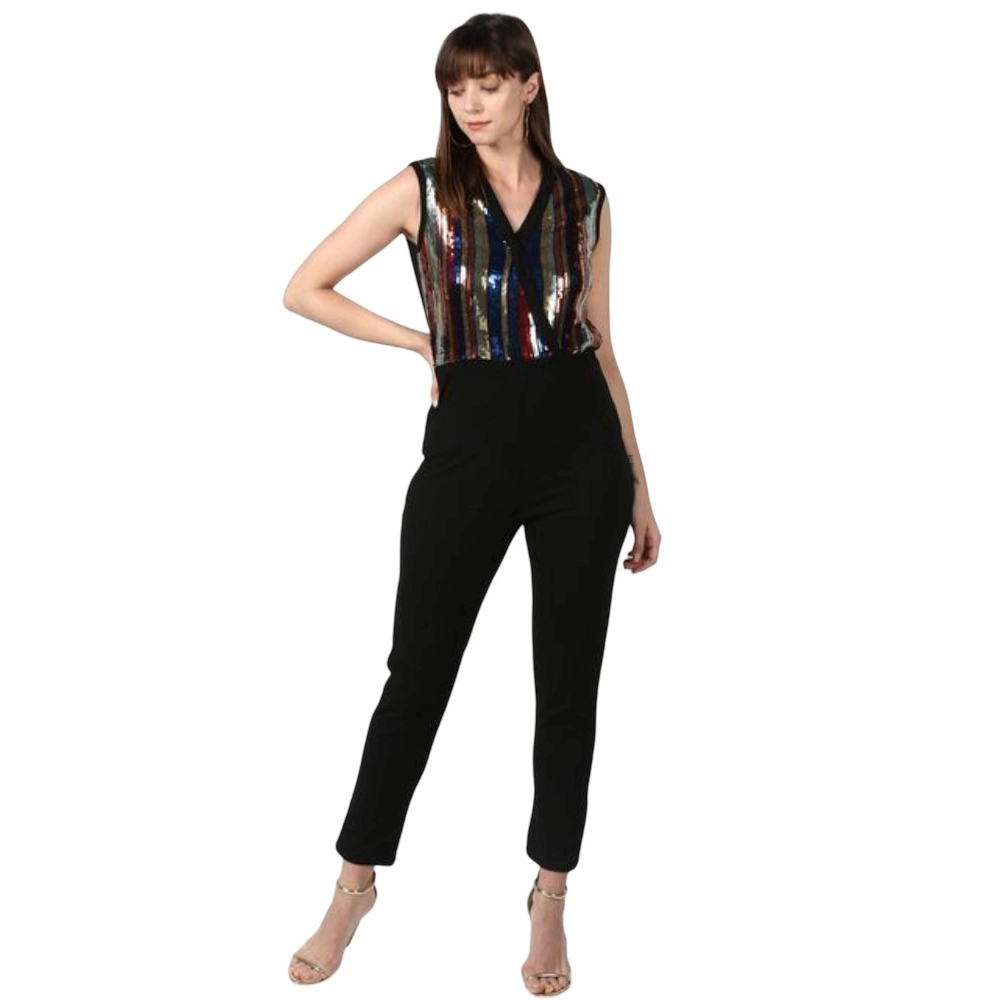 Generic Women's Polyester Embellished Sleeveless Jumpsuit (Black) Generic Women's Polyester Embellished Sleeveless Jumpsuit (Black)