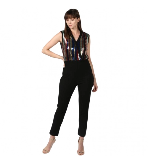Generic Women's Polyester Embellished Sleeveless Jumpsuit (Black)
