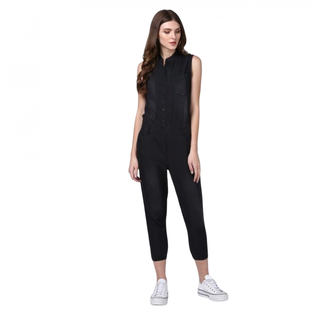 Generic Women's Denim Solid Sleeveless Jumpsuit (Black) Generic Women's Denim Solid Sleeveless Jumpsuit (Black)