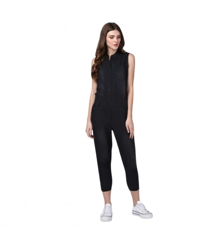 Generic Women's Denim Solid Sleeveless Jumpsuit (Black)