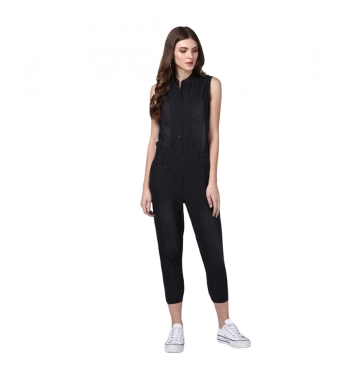 Generic Women's Denim Solid Sleeveless Jumpsuit (Black)