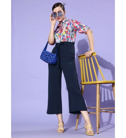 Generic Women's Polyester Printed 3/4th Sleeve Jumpsuit (Multicolor - Navy)