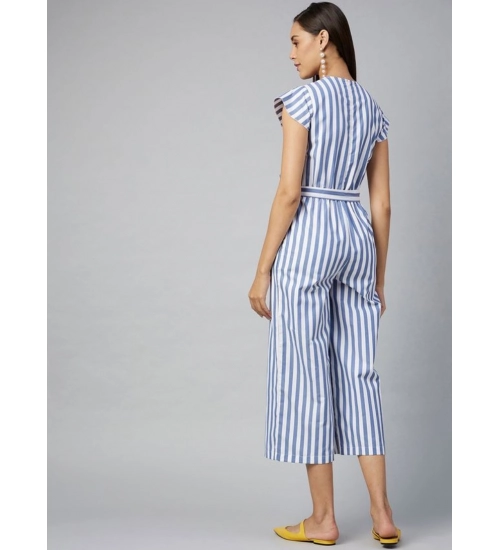 Generic Women's Cotton-Polyester Blend Striped Short Sleeve Jumpsuit (Blue)