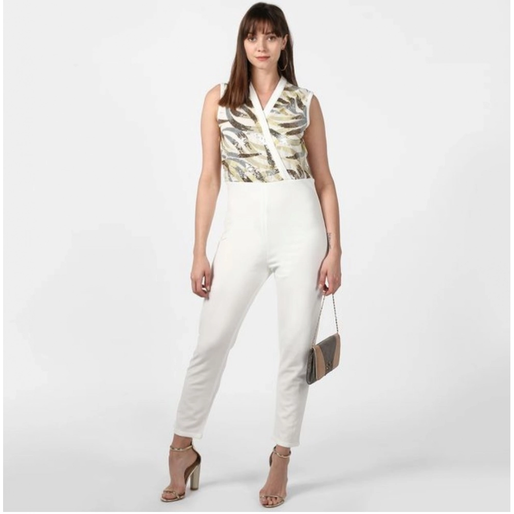 Generic Women's Polyester Embellished Sleeveless Jumpsuit (White) Generic Women's Polyester Embellished Sleeveless Jumpsuit (White)