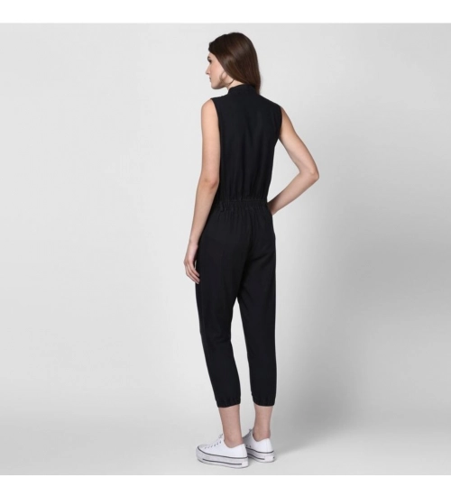 Generic Women's Denim Solid Sleeveless Jumpsuit (Black)