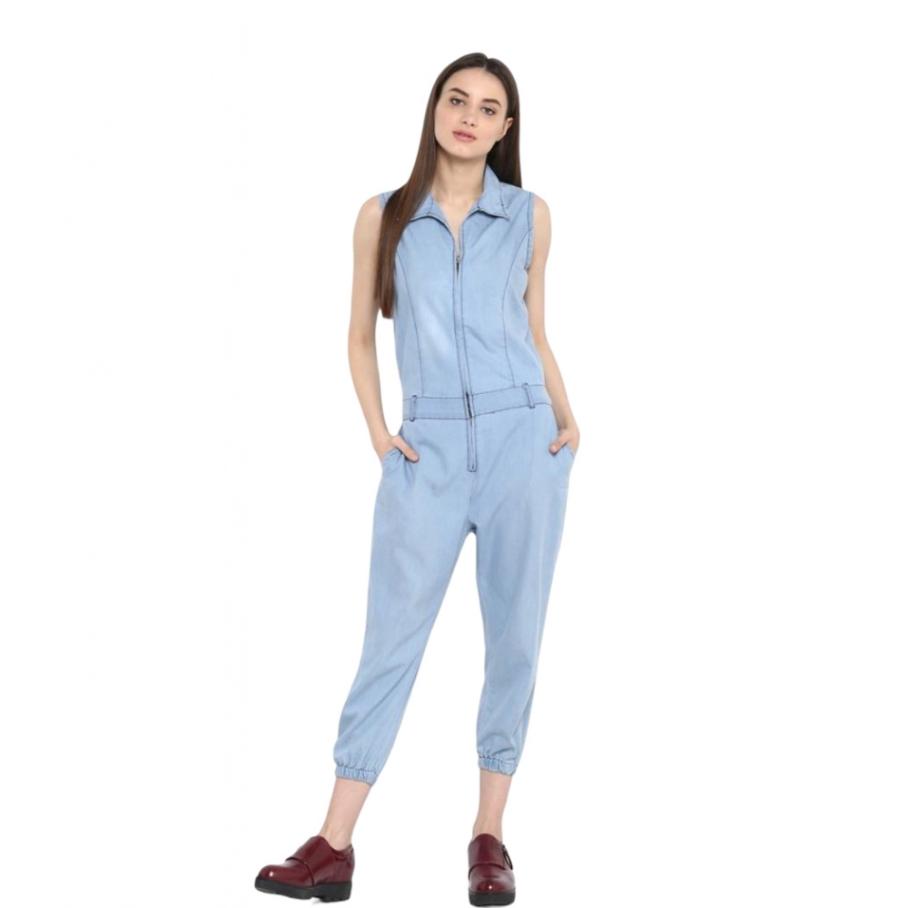 Generic Women's Denim Solid Sleeveless Jumpsuit (Blue) Generic Women's Denim Solid Sleeveless Jumpsuit (Blue)