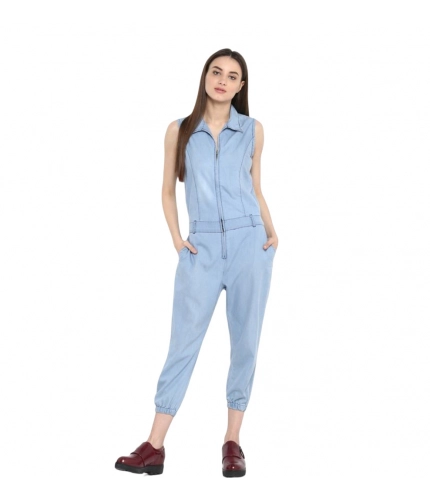 Generic Women's Denim Solid Sleeveless Jumpsuit (Blue)