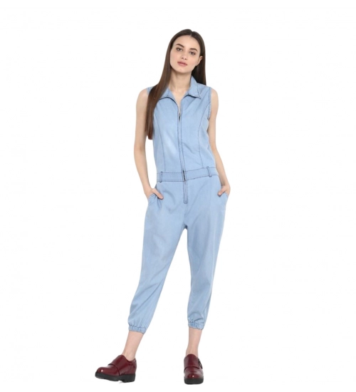 Generic Women's Denim Solid Sleeveless Jumpsuit (Blue)
