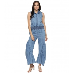 Generic Women's Denim Solid Sleeveless Jumpsuit (Blue)